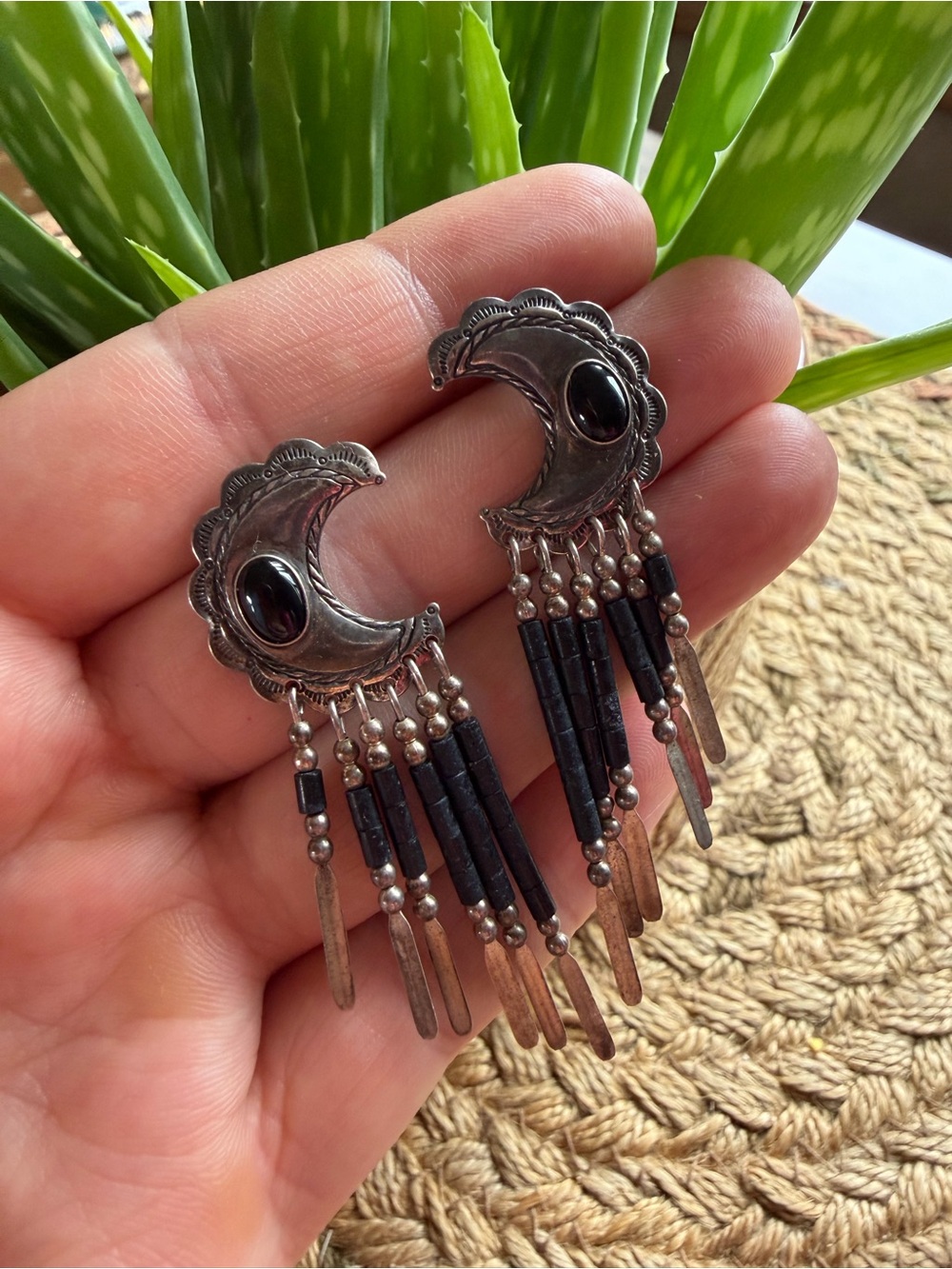 Vintage Onyx Crescent Moon Navajo Sterling Silver Dangle Earrings